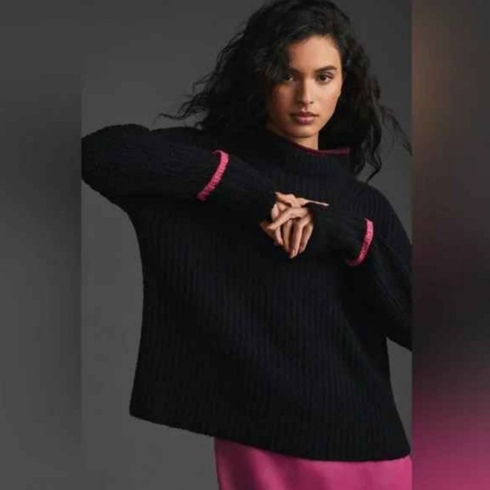Maeve Anthropologie Sweater Sz M Black Chunky Ribbed Boho Academia Retro Cozy